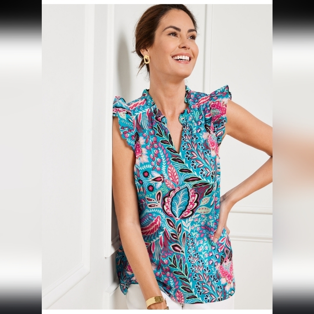 Talbots Botanical Paisley Ruffle Trim Shell Teal Turquoise Pink Floral, Medium - Picture 3 of 13